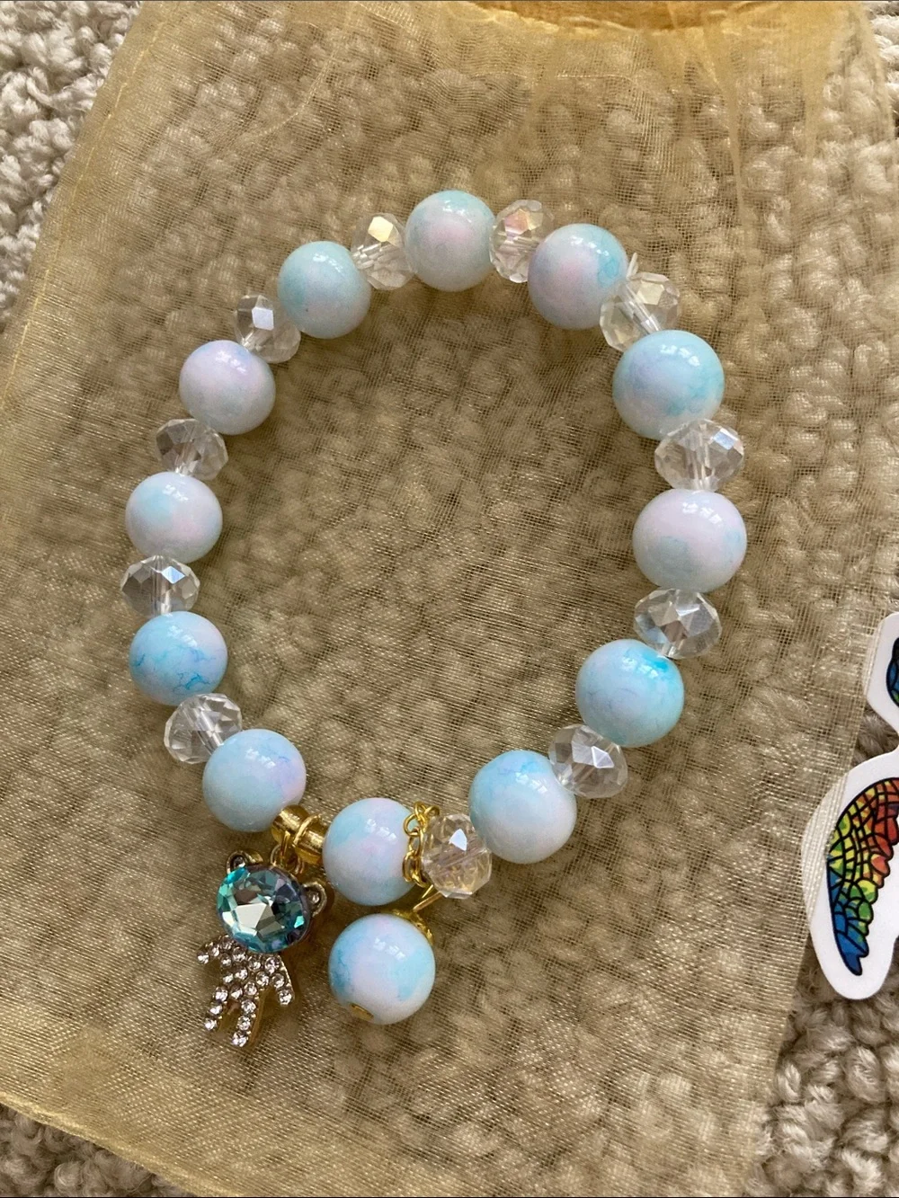 Kids Blue Beaded Charm Bracelet with Sparkle Turtle Charm
